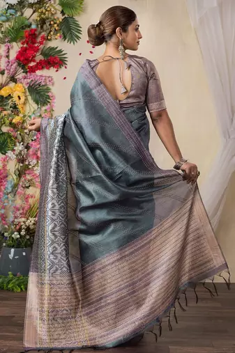 grey kantha work silk cotton tussar saree