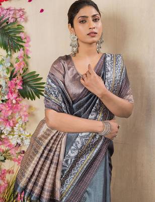 grey kantha work silk cotton tussar saree 4