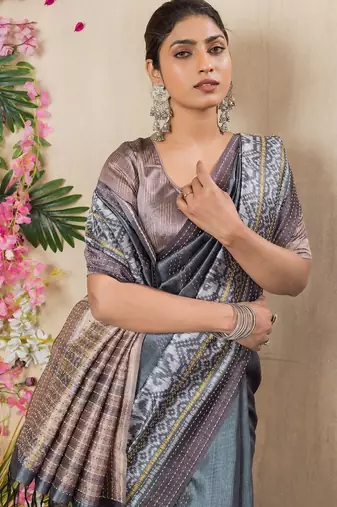 grey kantha work silk cotton tussar saree