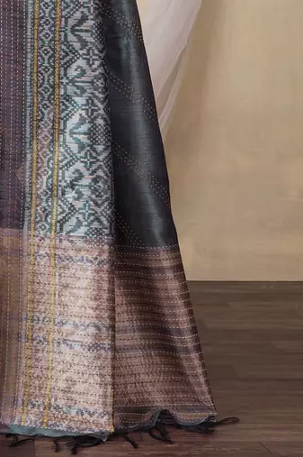 grey kantha work silk cotton tussar saree