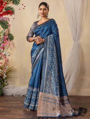 blue kantha work silk cotton tussar saree 1