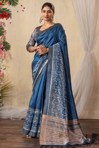 blue kantha work silk cotton tussar saree