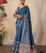 blue kantha work silk cotton tussar saree