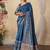 blue kantha work silk cotton tussar saree