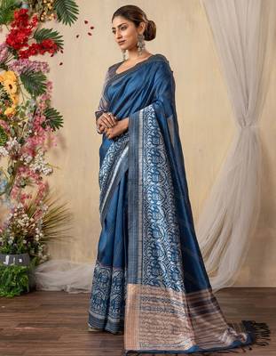 blue kantha work silk cotton tussar saree 2
