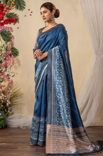 blue kantha work silk cotton tussar saree
