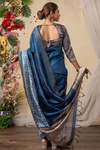 blue kantha work silk cotton tussar saree