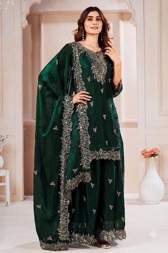 Women embroidered green kurta with palazzo & dupatta set