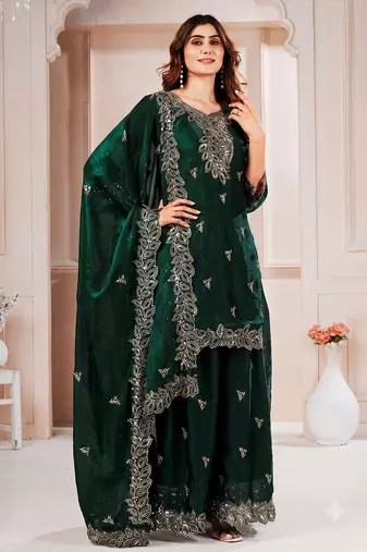 Women embroidered green kurta with palazzo & dupatta set