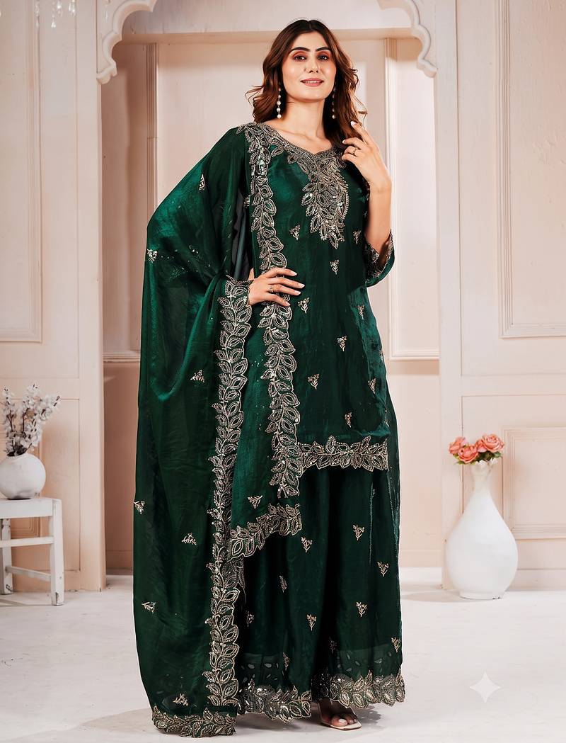 Women embroidered green kurta with palazzo & dupatta set