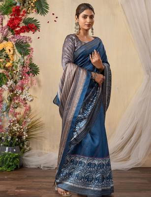 blue kantha work silk cotton tussar saree 4
