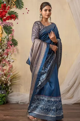 blue kantha work silk cotton tussar saree