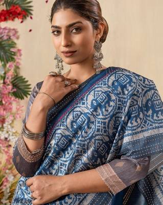 blue kantha work silk cotton tussar saree 5