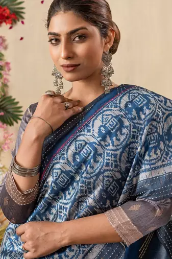 blue kantha work silk cotton tussar saree