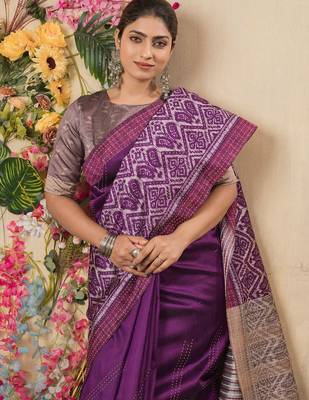 purple geometric printed kantha work silk cotton saree 1