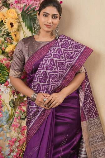 purple geometric printed kantha work silk cotton saree