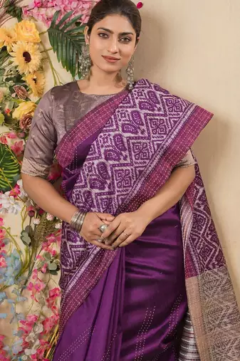 purple geometric printed kantha work silk cotton saree