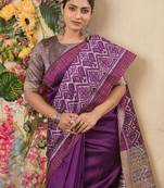 purple geometric printed kantha work silk cotton saree