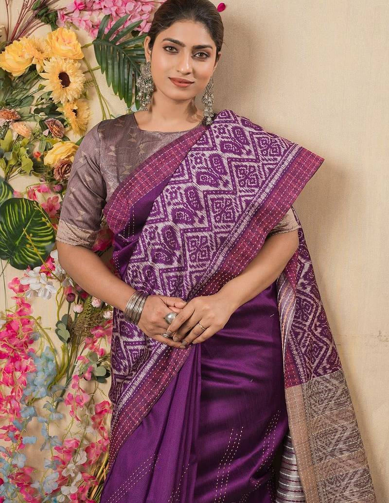 purple geometric printed kantha work silk cotton saree