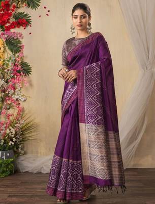 purple geometric printed kantha work silk cotton saree 2