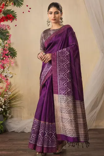 purple geometric printed kantha work silk cotton saree