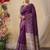 purple geometric printed kantha work silk cotton saree
