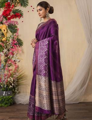 purple geometric printed kantha work silk cotton saree 3