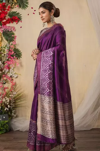 purple geometric printed kantha work silk cotton saree