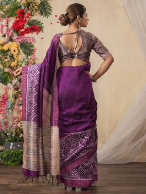 purple geometric printed kantha work silk cotton saree 4