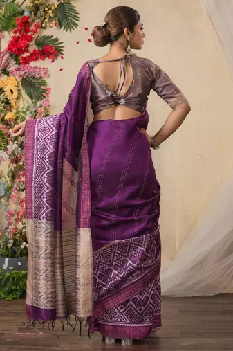 purple geometric printed kantha work silk cotton saree