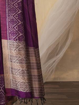 purple geometric printed kantha work silk cotton saree 5