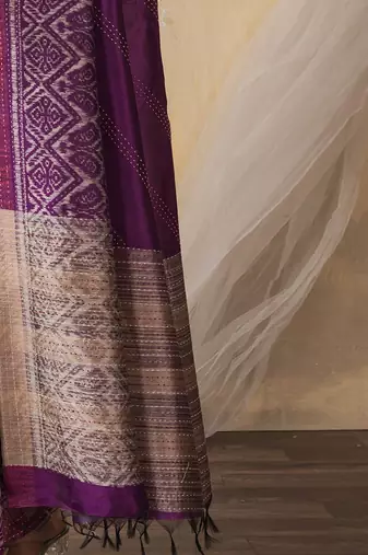 purple geometric printed kantha work silk cotton saree