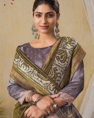 olive kantha work woven design tussar saree 1