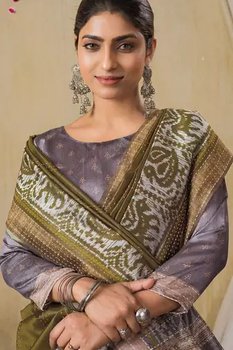 olive kantha work woven design tussar saree