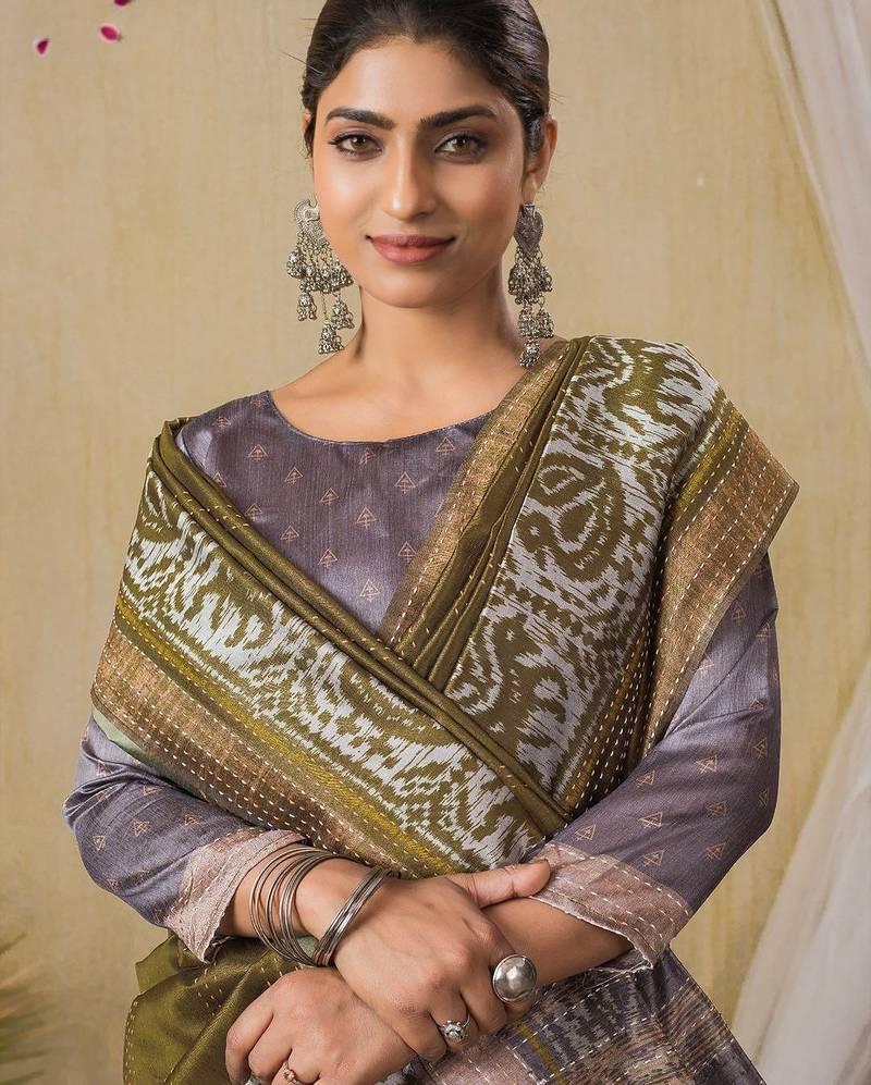 olive kantha work woven design tussar saree