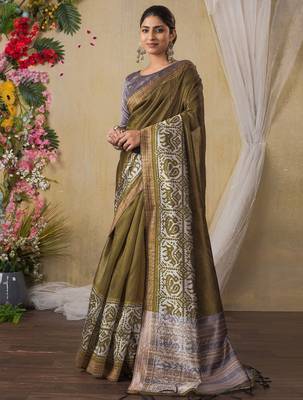 olive kantha work woven design tussar saree 2