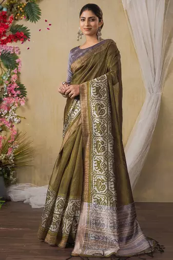 olive kantha work woven design tussar saree