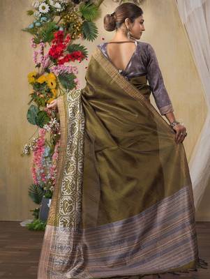 olive kantha work woven design tussar saree 3