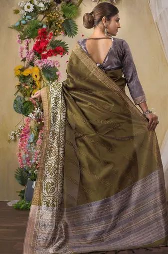 olive kantha work woven design tussar saree