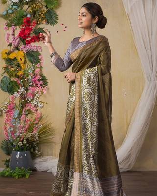 olive kantha work woven design tussar saree 4
