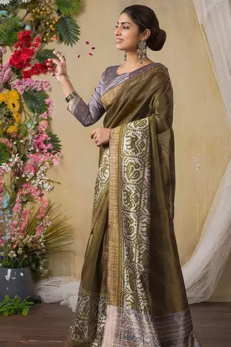 olive kantha work woven design tussar saree