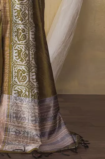 olive kantha work woven design tussar saree