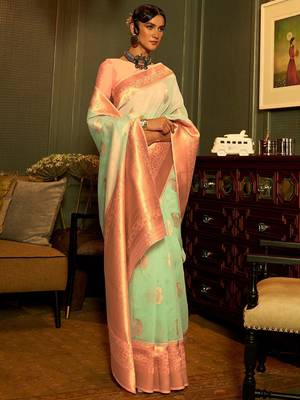 sea_green sea green peach coloured woven design zari poly linen banarasi saree 1