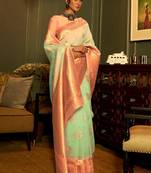 sea_green sea green peach coloured woven design zari poly linen banarasi saree