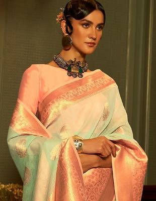 sea_green sea green peach coloured woven design zari poly linen banarasi saree 2