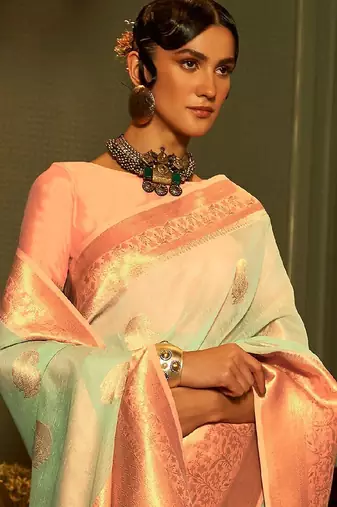 sea_green sea green peach coloured woven design zari poly linen banarasi saree