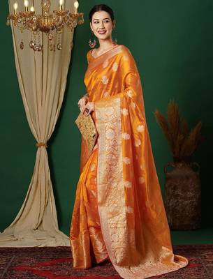 yellow woven design zari banarasi saree 2