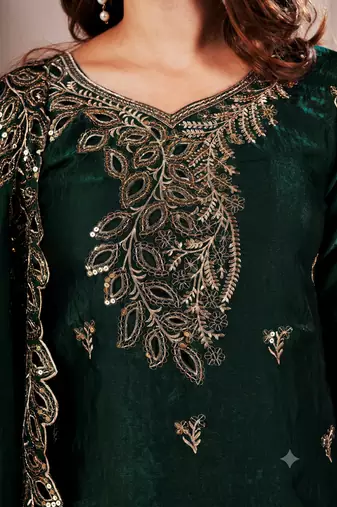 Women embroidered green kurta with palazzo & dupatta set