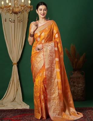 yellow woven design zari banarasi saree 3