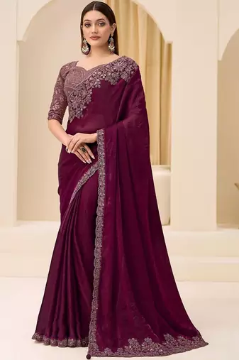 purple wine satin ethnic embellished festive wear matching blouse sarees